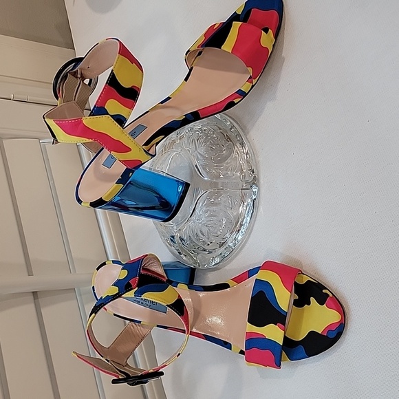 Colorful Strappy Heels with Blue Block Reflective Heel - Picture 1 of 9